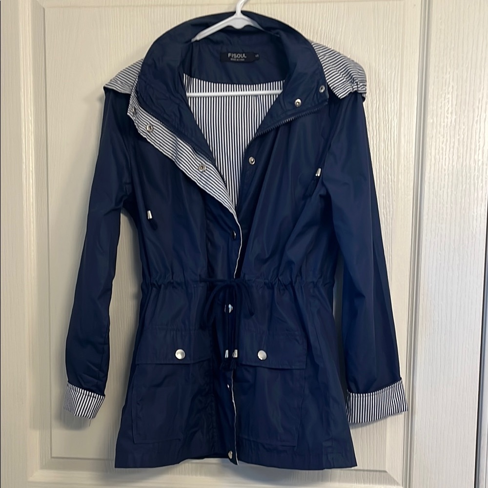Blue Utility Jacket with Hood and Drawstring Waist